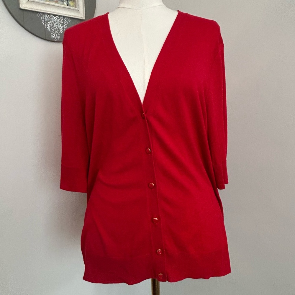 Talbots Red Short Sleeve Sweater Lightweight Decorative Buttons Cotton Blend XL